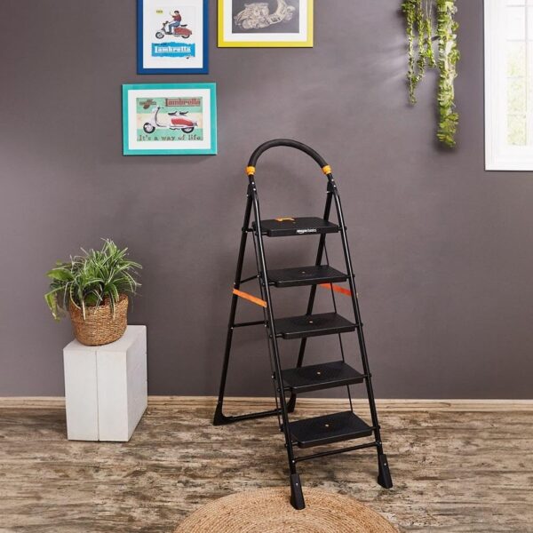 Foldable Step Ladder, Safety-Clutch Lock, Ribbed Steps, Knee Guard, Non-Marring PVC Shoes